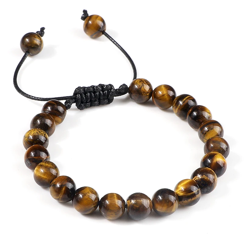 Mens Beaded Bracelets 10mm Handmade Adjustable Braided Rope Gemstone Fashion Bracelets with Natural Stone Tiger Eye Black Obsidian Beads Bracelet for Men Women 2PCS 