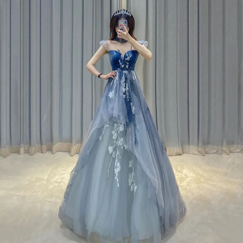 New Blue Evening Dress Elegant Flying Sleeves Floral Lace Prom Gown Noble Appliques Beading Long Sukienka Wieczorowa Customized