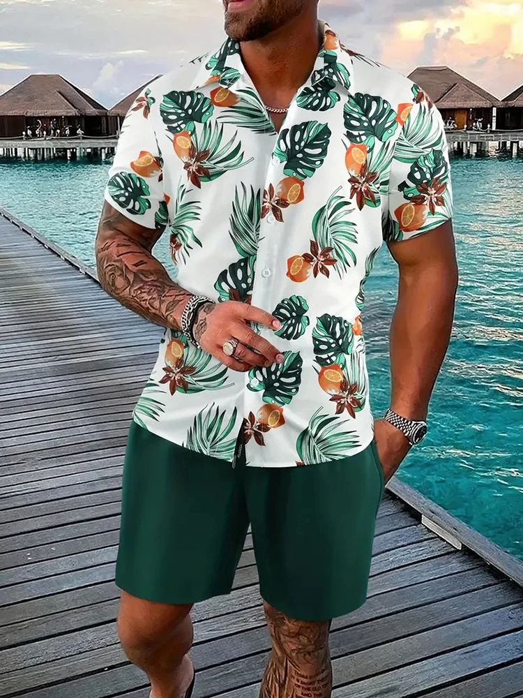 Hawaiian Men's Short-sleeved Shirt And Beach Shorts Set Summer Casual Men's Shirt Beach Vacation Loose Breathable Men's Shorts 6