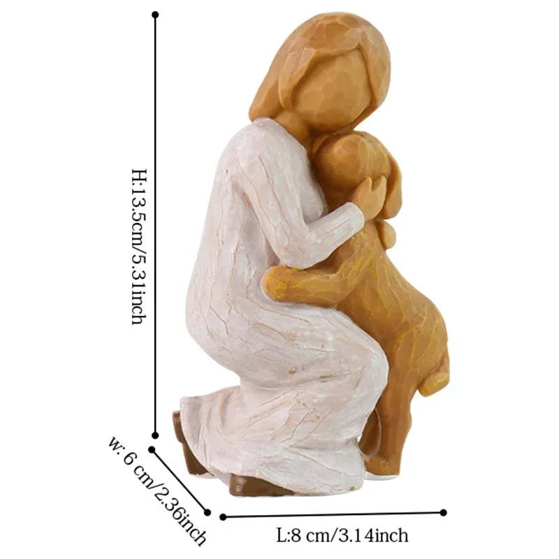 Creative imitation wood willow carving little girl squatting holding dog resin crafts home decoration table ornament