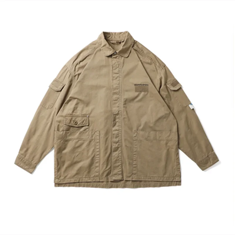 Men's Spring Loose Washed Batik Embroidered Multi-pocket Tooling Youth Casual Coat Outdoor Cargo College Hiking Clothing
