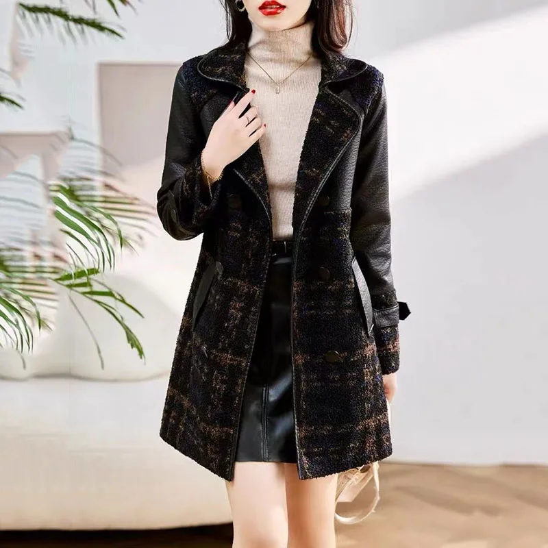 Winter New PU Leather Coat Long Double-Sided Leather Dress Women\'s Splicing Fashion Trench Coat Female Casual Motorcycle Jacket