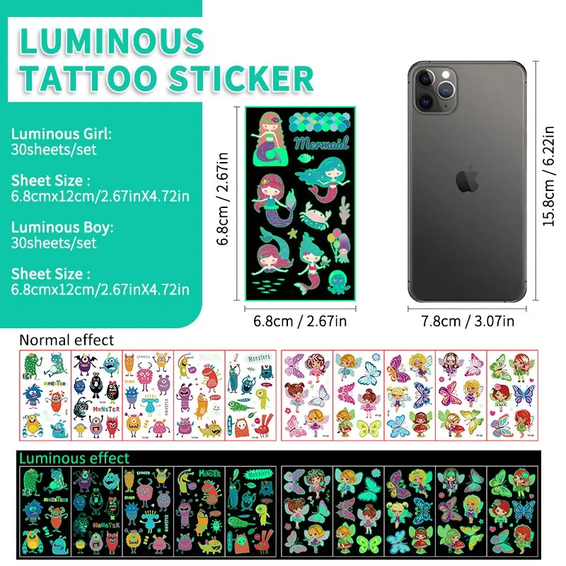 30pcs Children's Luminous Tattoo Stickers Kids Glow Body Paster Unicorn Butterfly Animal Dinosaur Mermaid Cartoon Stickers Gift 2