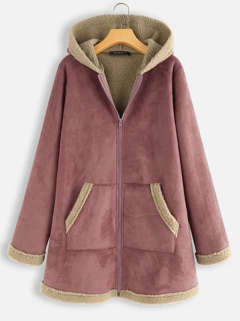 Winter Patchwork Jacket Plus Velvet Deerskin Hooded Loose Coat Women Vintage Solid Casual Thicken Jackets Coats Zipper Overcoat