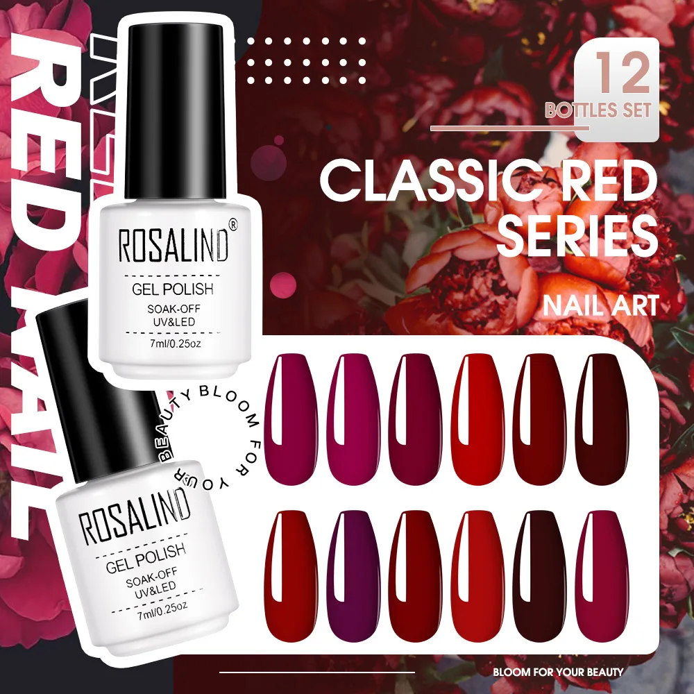 Rosalind Classic Red Series 12Pcs/set Nail Gel Polish Set Bright Nail Art Supplies Cured with UV Lamp Gel Varnish Long Lasting 2