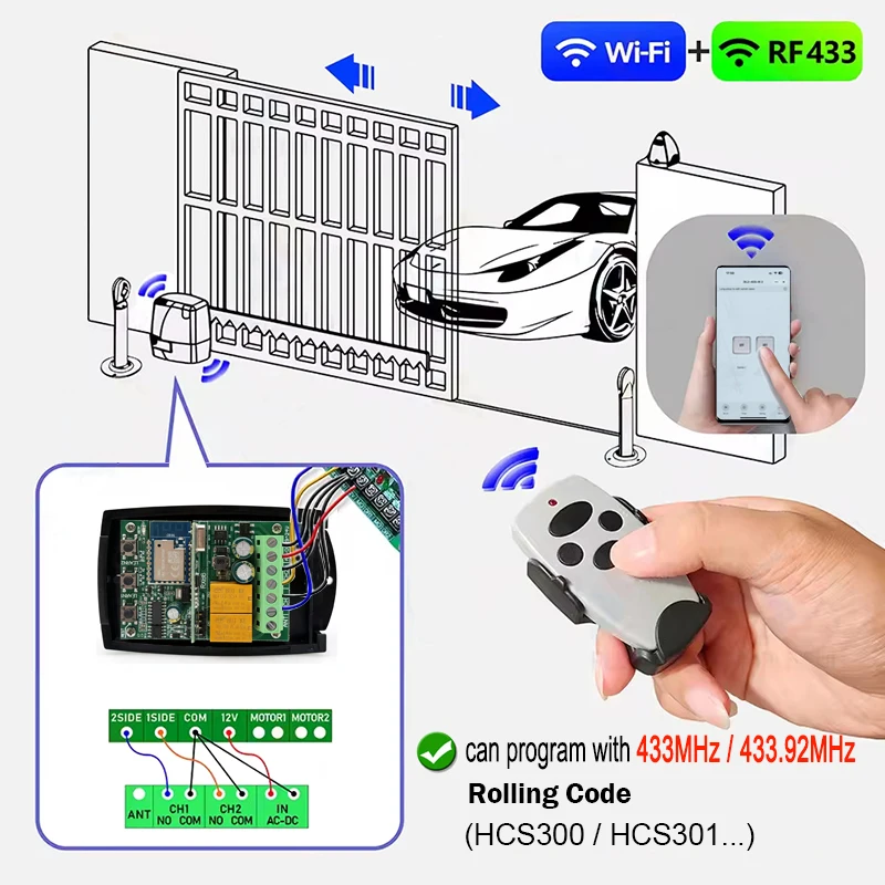 을 위한 FORSA RT1 RT2 RT4 Tuya Wifi 차고 문 원격 제어 수신기 433MHz 스마트 스위치 모듈 컨트롤러 433.92MHz 롤링 코드