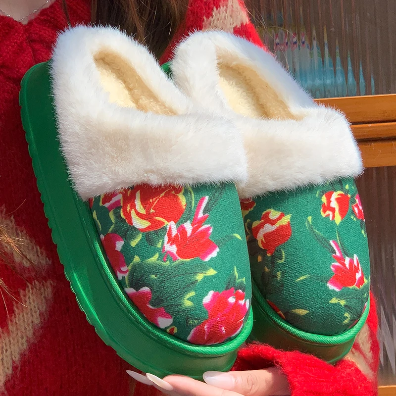 Red Printed Home Cotton Slippers Women Indoor Thick Bottom Non Slip Fur Slippers Woman Round Toe Fluffy Plush Slides Female