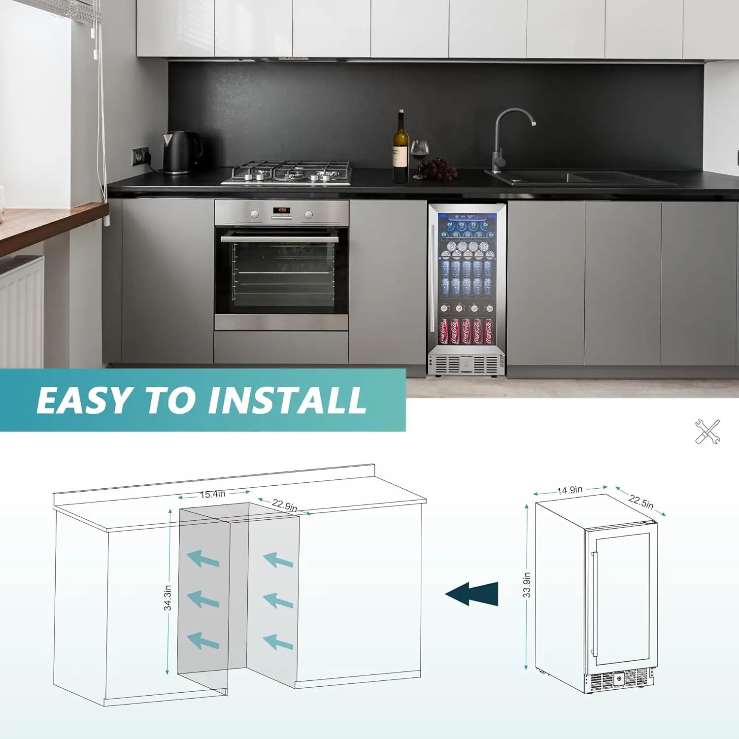 15" Beverage Refrigerator Cooler Under Counter 125 Cans Built-in Beverage Fridge with Glass Door, LED Light, Beer Fridge 6