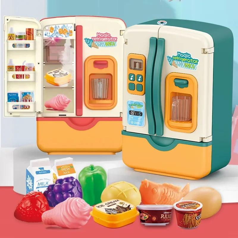Mini Double Door Refrigerator Simulation Fridge Kitchen Furniture Pretend Play Educational Toy Light Spray Music Children's Gift