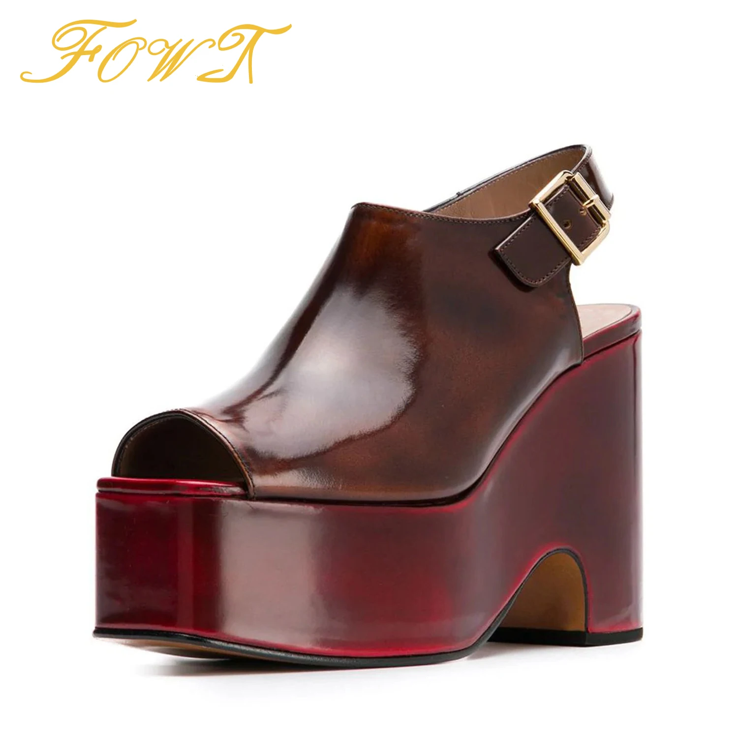 

Red Brown Platform High Block Heels Women's Sandals Open Toe Ladies Summer Mature Sexy Buckle Strap Large Size 12 13 Shoes FOWT