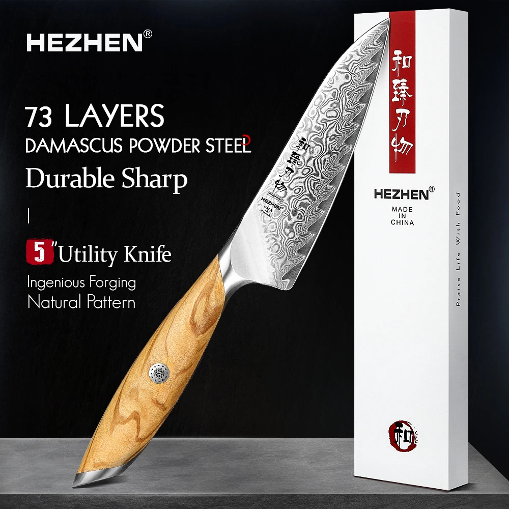 

HEZHEN Flagship Series 5 Inch Utility Knife Japanese Style Kitchen Knife 73 Layer Damascus Powdered Steel Cutlery