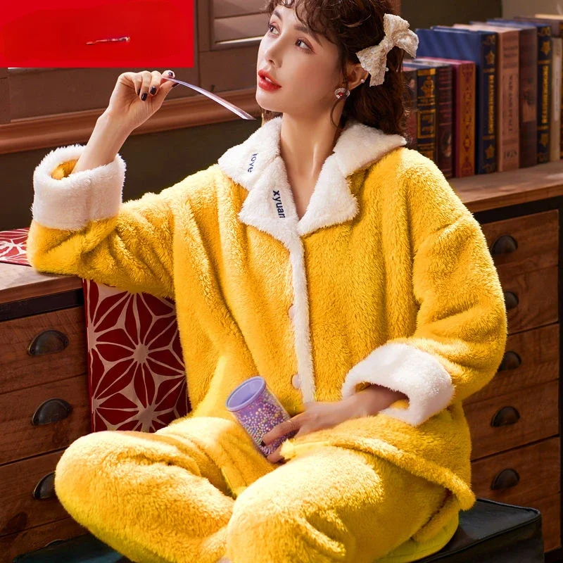New Sleepwear Women Autumn Winter Sleepwear Warm Thicken Pajamas Set Flannel Long Sleeve Nightwear Trouser Coral Fleece Homewear