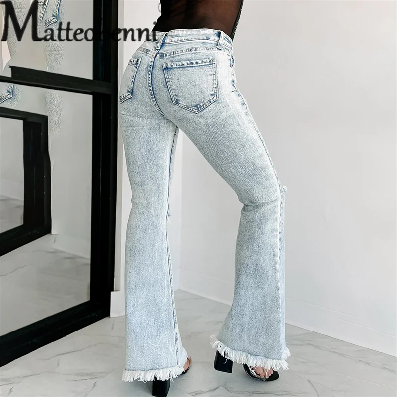 Fashion Broken Holes Knee Flared Jeans Women High Waist Denim Pants Female Splicing Tassel Wide Leg Trousers Washable Streetwear