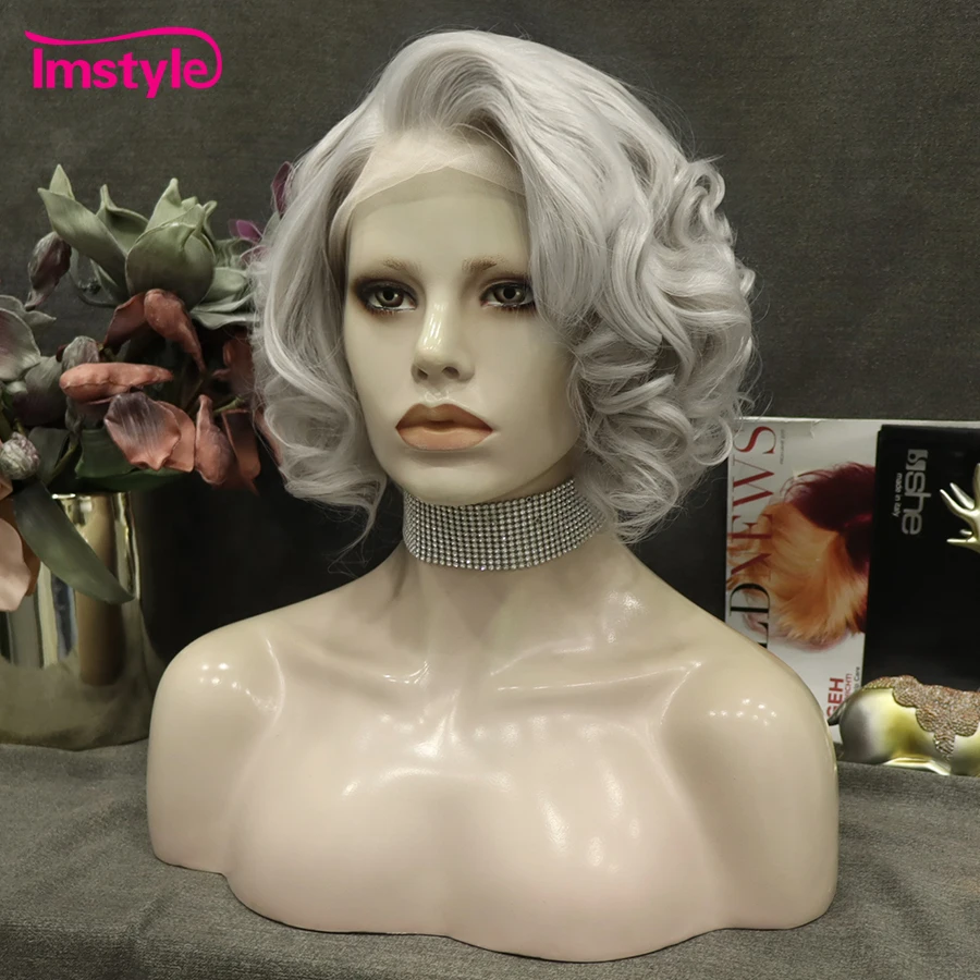 Imstyle Short Wig Grey Synthetic Lace Front Wig Natural Hairline Wavy Wig Heat Resistant Fiber Cosplay Wigs For Women Party Wig