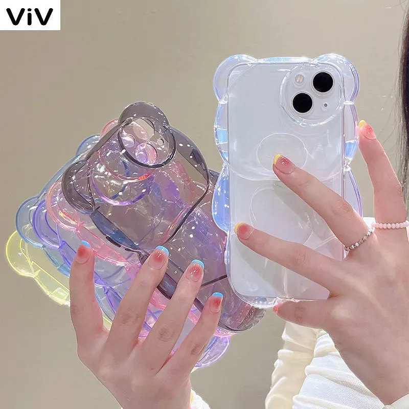 

Cartoon 3D Bear Shape Cute Design Clear Case For iPhone 13 12 11 Pro Max XS Max XR X Korean Love Heart Lens Protection Cover