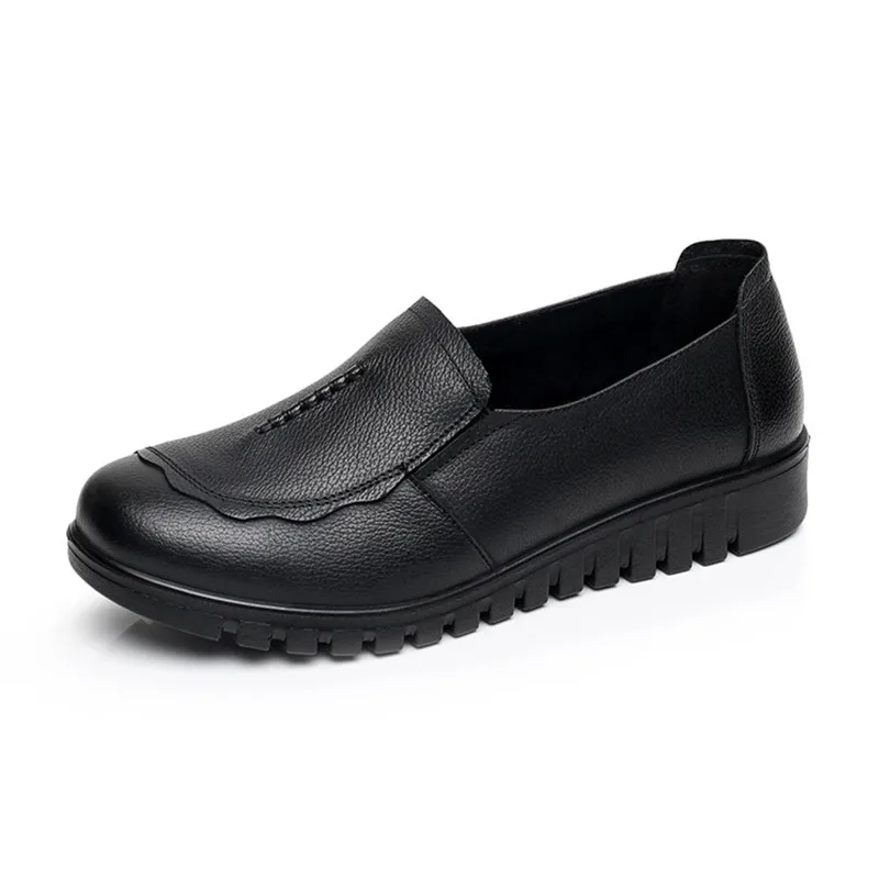 

Women Female Old Mother Flats Shoes Loafers Slip on Round Toe Black Cow Genuine Leather Casual Non Slip 35-41 Woman Trainers