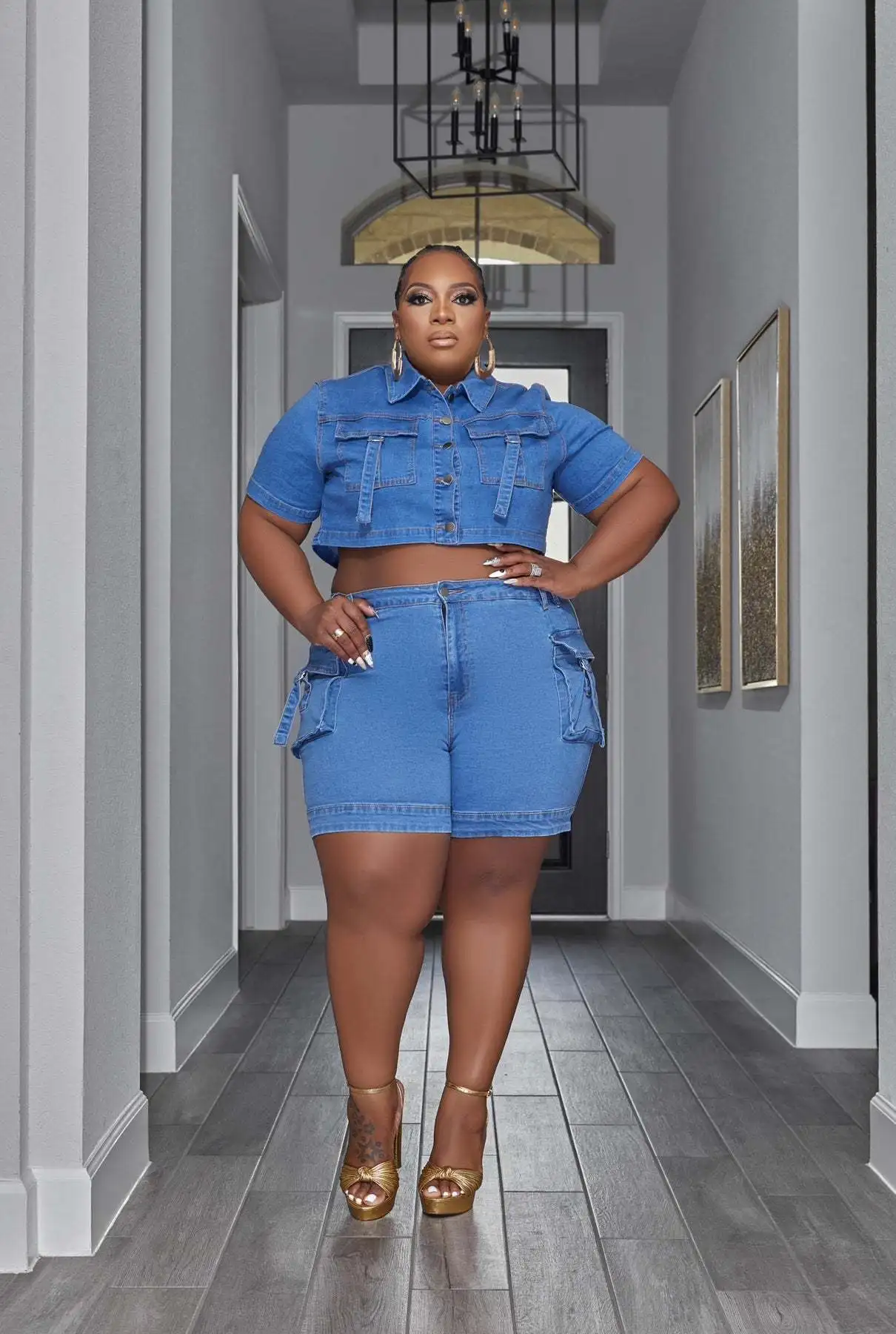 

European and American Fashion Large Women's Casual 3D Pocket Denim Two Piece Set for Women