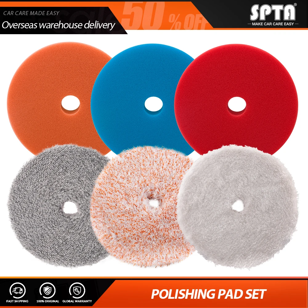 

SPTA 6Pcs Car Polish 3/5/6 Inch Microfiber Polishing Pad Sealing Wax Buffing Pads For DA/RO Car Polisher Removing Wax Buffer Pad