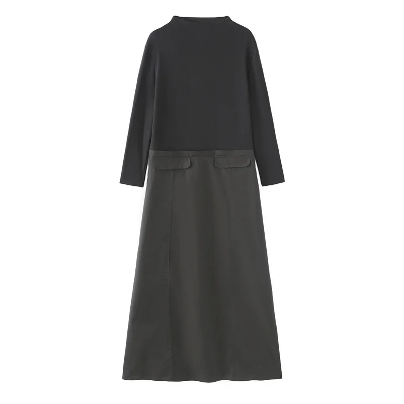 

SuperAen Spring 2024 New Women's European and American Style Stitching Long Sleeve Pocket Dress Loose Waist Stand Collar Dress