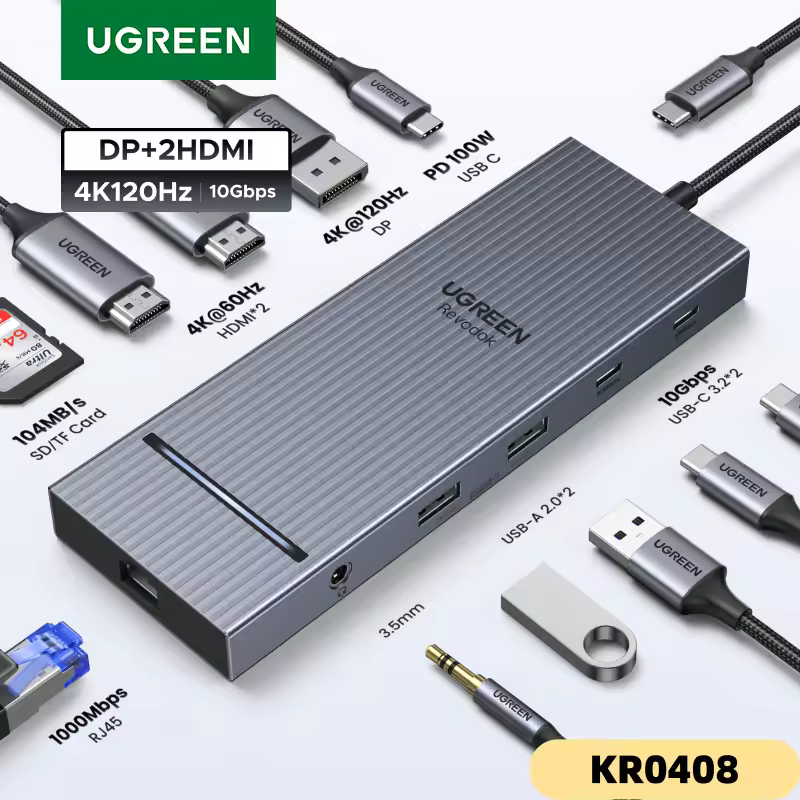 UGREEN 12-in-1 USB HUB Type-C to 2HDMI 4K120Hz DP USB3.2 10Gbps SD/TF RJ45 PD100W for MacBook Dell HP Laptop Accessories Docking