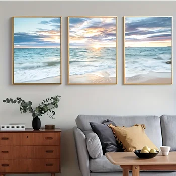 3pcs set of beach canvas prints, ocean scenery, nautical photos, coastal wave wall art posters, wall decorations without frames