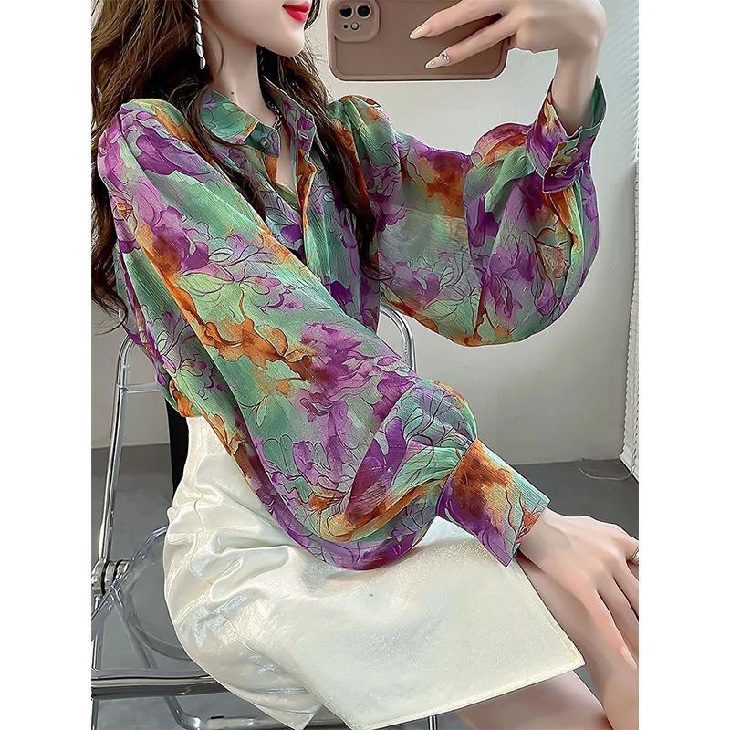 summer elegant fashion floral printing chiffon shirt female loose casual all-match blouse ladies lantern long sleeve vintage top