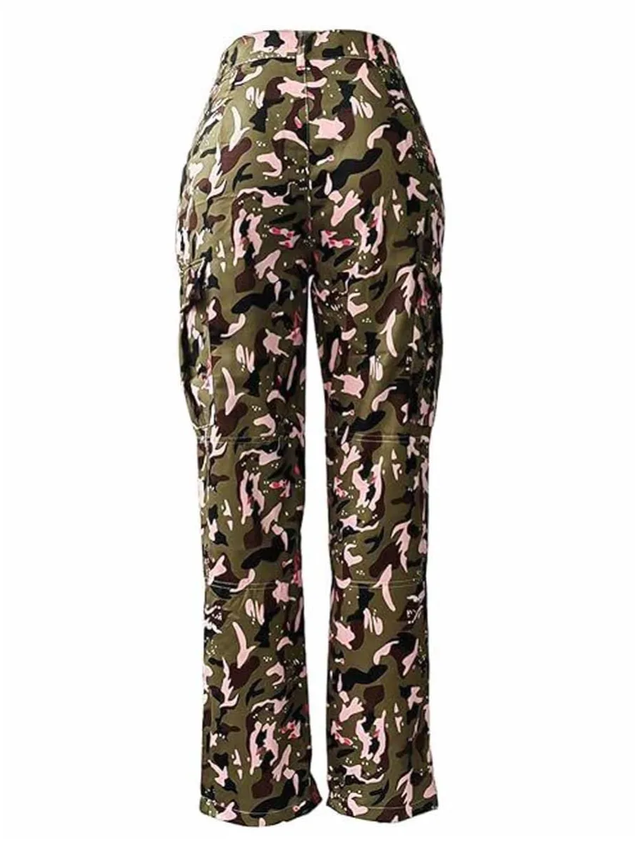 LW Autumn & Winter Women Cargo Trousers Streetwear Pink Camouflage High Waist Side Pocket Design Long Fashion Pants XS-3XL