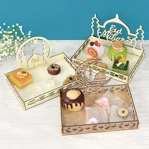 

Ramadan Decoration 2022 Wooden Food Tray Eid Mubarak Islamic Muslim Festival Party Decor For Home Dessert Fruit Serving Tray