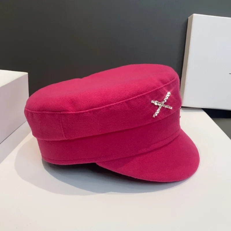 New Hop Pink Rhinestone Wool Newsboy Caps Fashionable Flat Top Cap