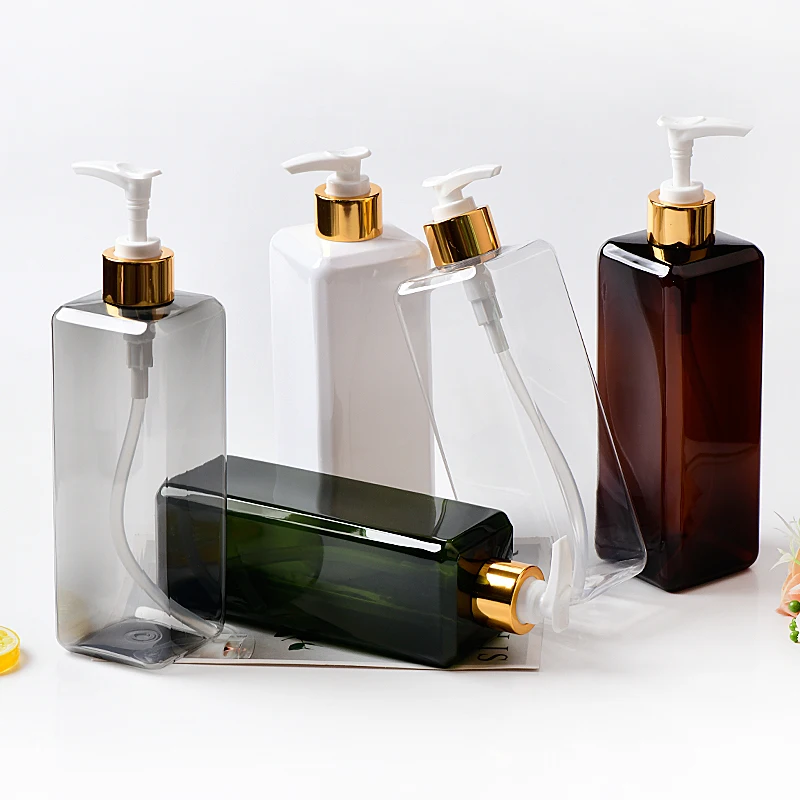 

10pcs 500ML White/Brown Square Plastic PET Lotion Pump Bottle With Gold-aluminum Pump, 500cc Shower Gel Packaging Bottle