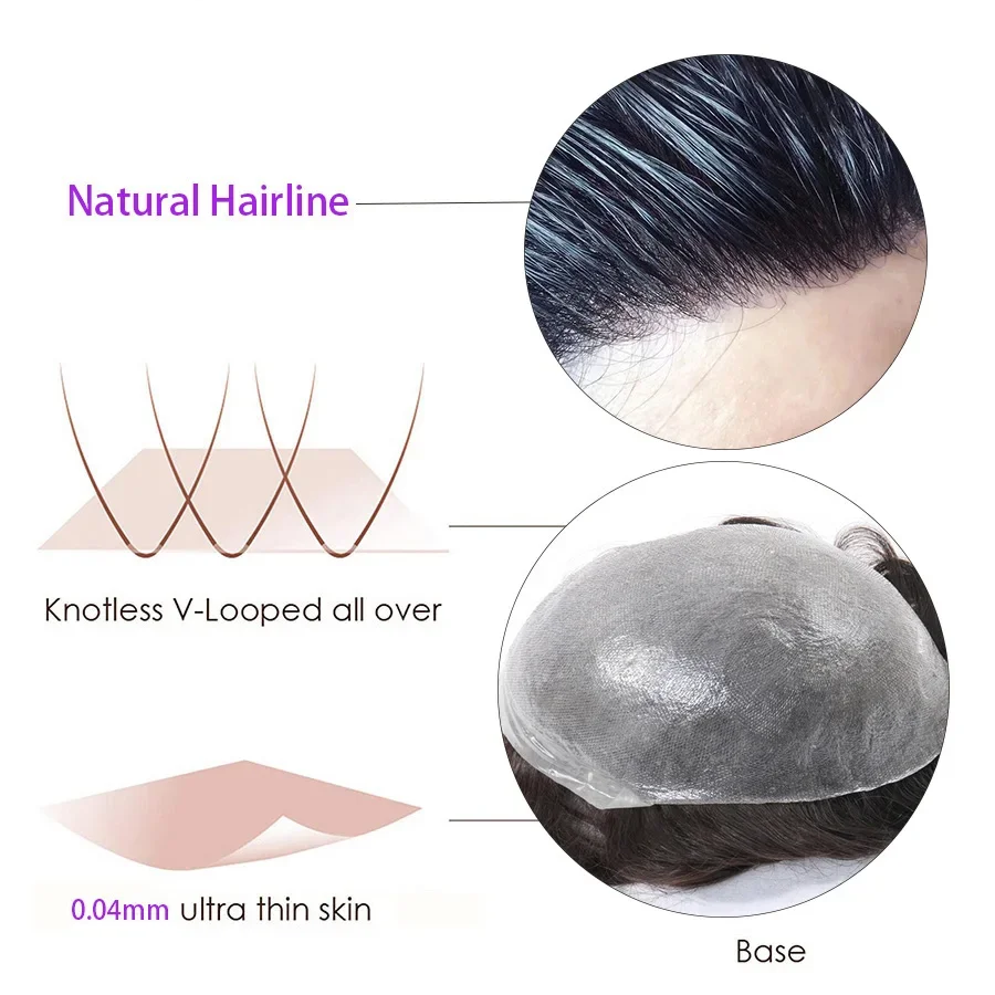 Human Hair Toupee Men's Capillary Prothesis 0.03mm V loop Thin Skin Toupee Men Wigs for Men Wig Male Hair Prosthesis 100% Human Hair System