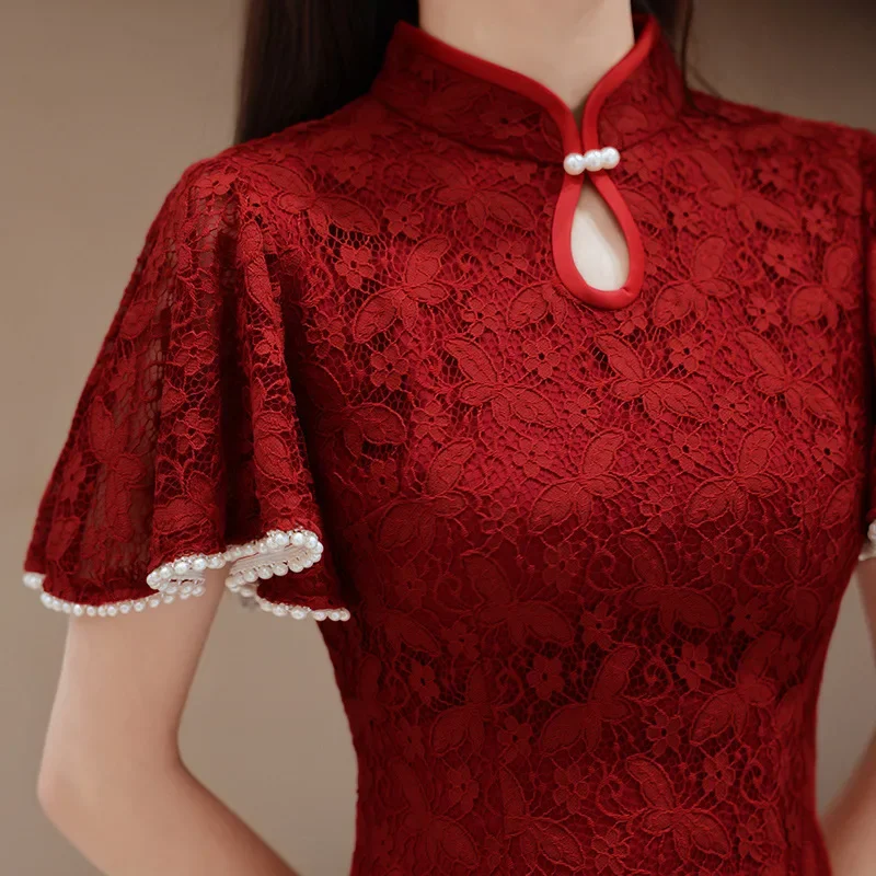 

Red Cheongsam Chinese Women Lace Qipao Long Quipao Chinese Traditional Clostume Wedding Party Evening Dress Clothes