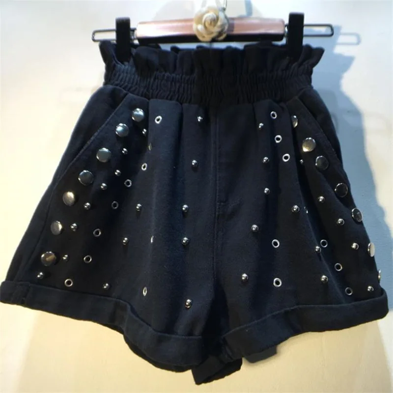 

Шорты женские джинсовые с завышенной талией, Короткие штаны из денима с заклепками, с бусинами, с эластичным поясом, лето