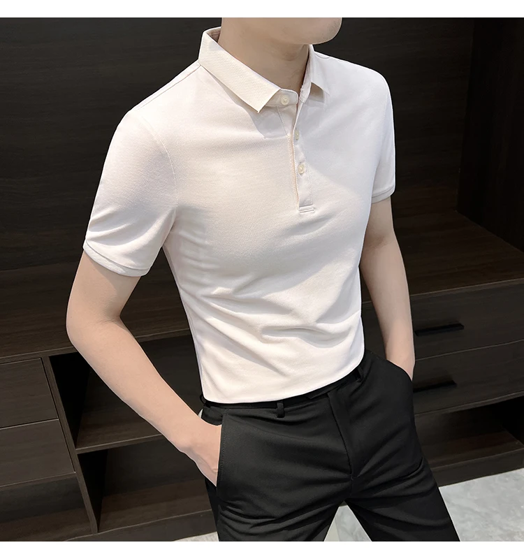 

2023 Summer Thin Men's British Solid Color Slim Stretch Knit Shirt Short Sleeve T-Shirt POLO Shirt/ Polo Shirt Men Tee T37