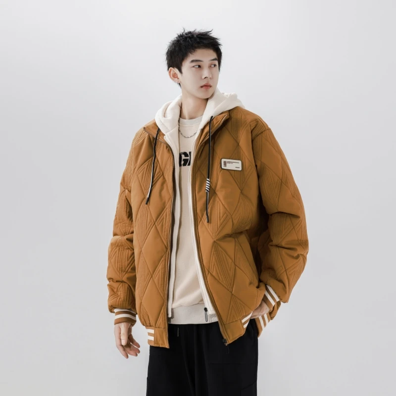 

Men's Winter Fake Two Pieces Hooded Jacket Embroidery Thick Warm Outerwear Fashion Casual Lightweight Parkas Retro High Quality