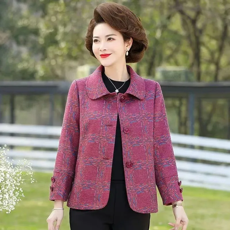 

2024 New Spring Autumn Woolen Coat Middle-Aged Elderly Women's Casual Jacket Single-Breasted Blended Woolen Plaid Outerwear