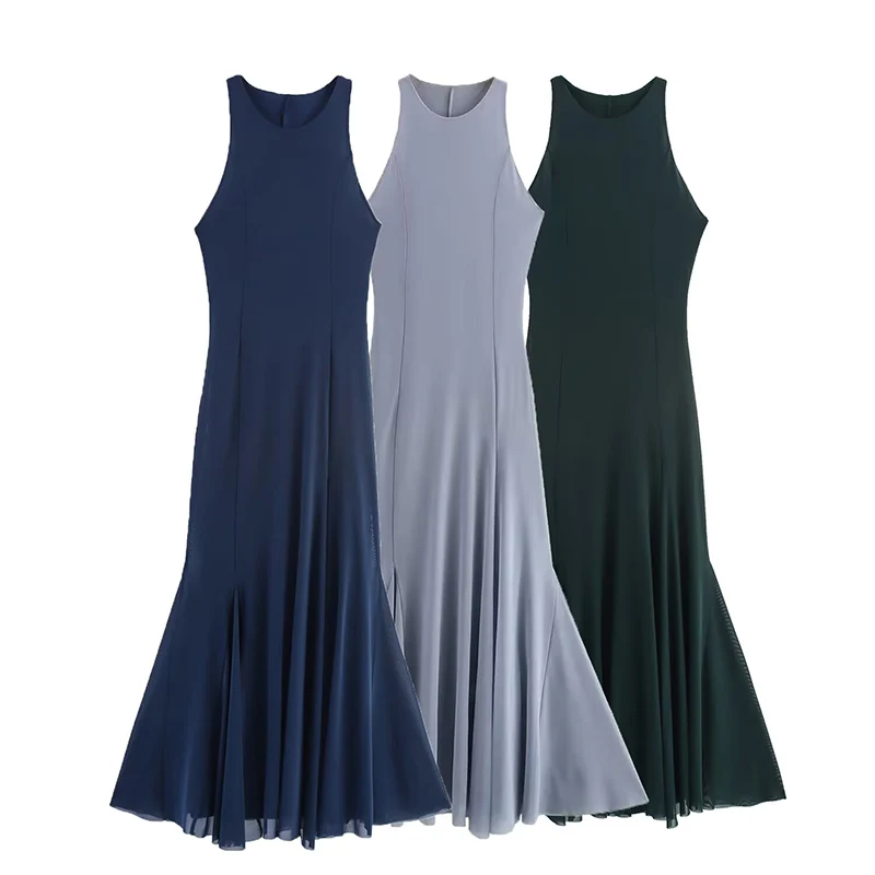 Autumn Solid Color O-Neck Sleeveless Silk Mesh Slit Long Dress Women Casual Slim Fit Dress Female Elegant Beach Holidays Wear