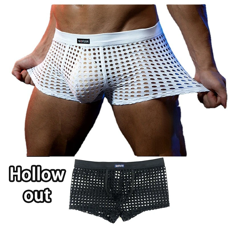 Men's Sexy Boxers See Through Hollow Out Erotic Net Breathable Underwear Mesh Gay Low Rise Elastic Clubwear Briefs Body Cloth