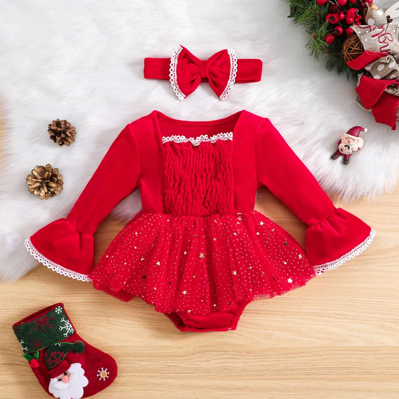

Рождественское боди для новорожденных девочек, осенняя одежда, комплект из 2 предметов, кружевное платье с длинным рукавом и отделкой из тюля, комбинезон с повязкой на голову