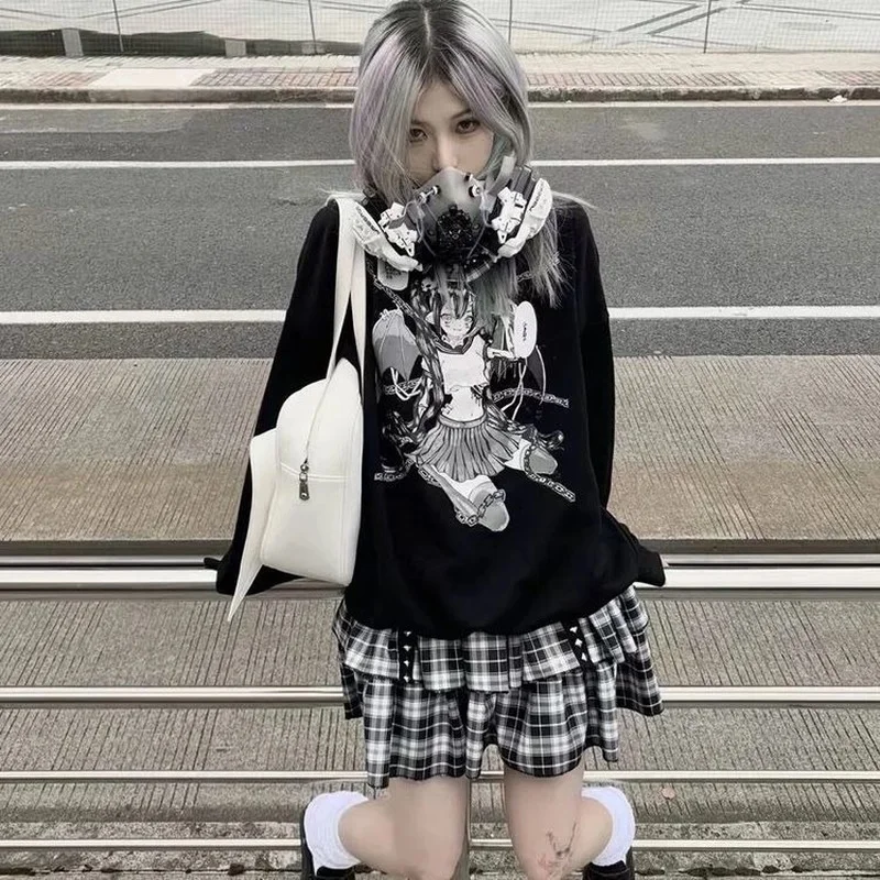HOUZHOU Gothic Mall Goth Plaid Skirt Women Harajuku Punk Rivet Black Double-layer High-waisted Mini Skirts Dark Academia Grunge