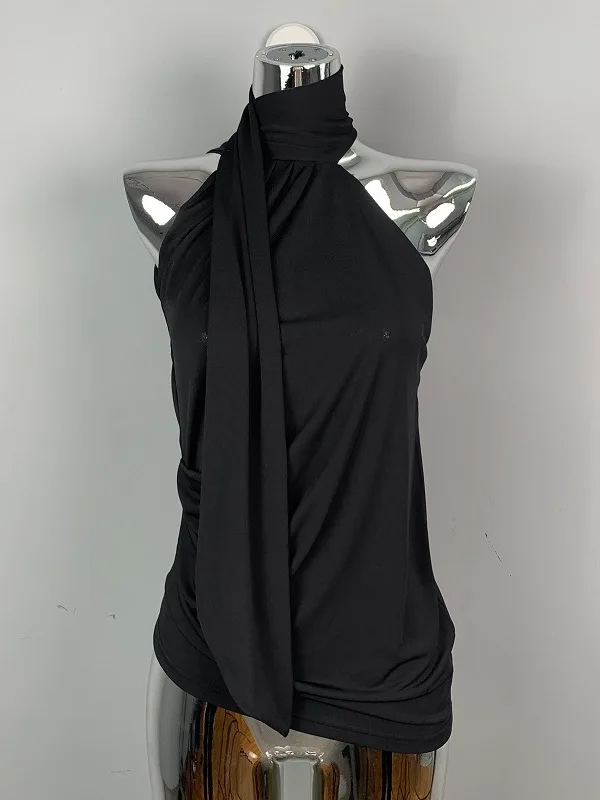 Women Blouse Soild Color Slim Fit Sexy Hanging Neck Tank T Shirt Open Collar Ribbon Versatile Summer Sleeveless Casual Tops 4MXC