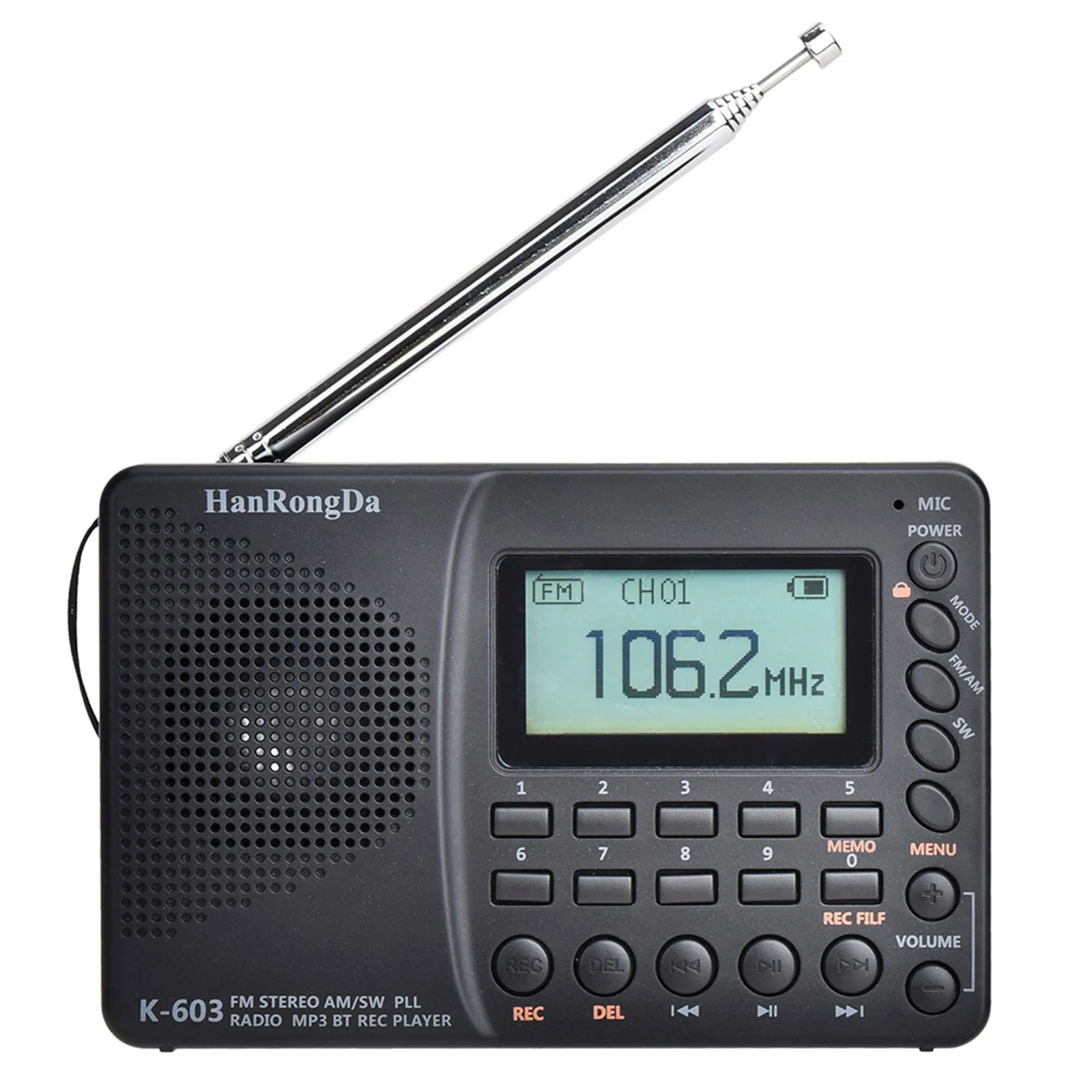 HRD-603 Radio set Portable Radio AM/FM/SW/BT/TF Pocket Radio USB MP3 Digital Recorder Support TF Card Bluetooth
