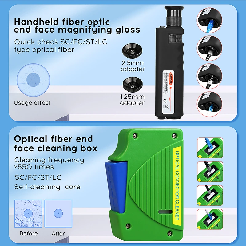 Fiber cleaning Tool Kit 400X Fiber Optic Microscope 1.25/2.5mm MPO Cleaning Pen/