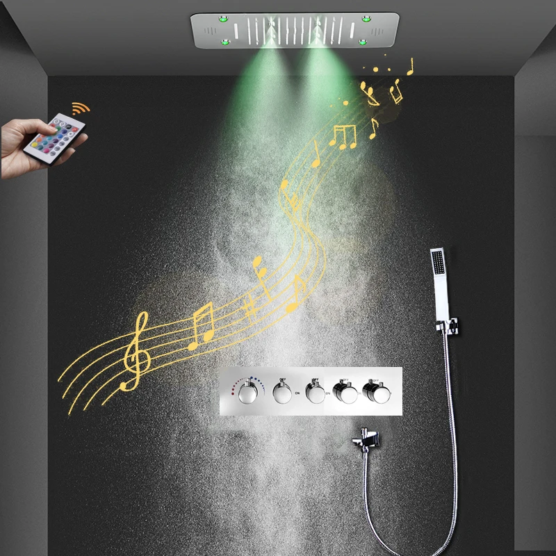 

Music Shower Set LED Recessed Ceiling Rain Mist Waterfall 3 Functions Shower Head Bathroom Thermostatic Mixer