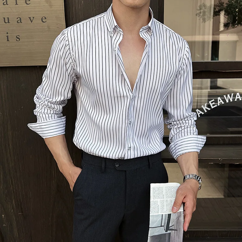 Casual Men's Oblique Stripes Long Sleeves Slim Fit Formal Office Blouse Shirt