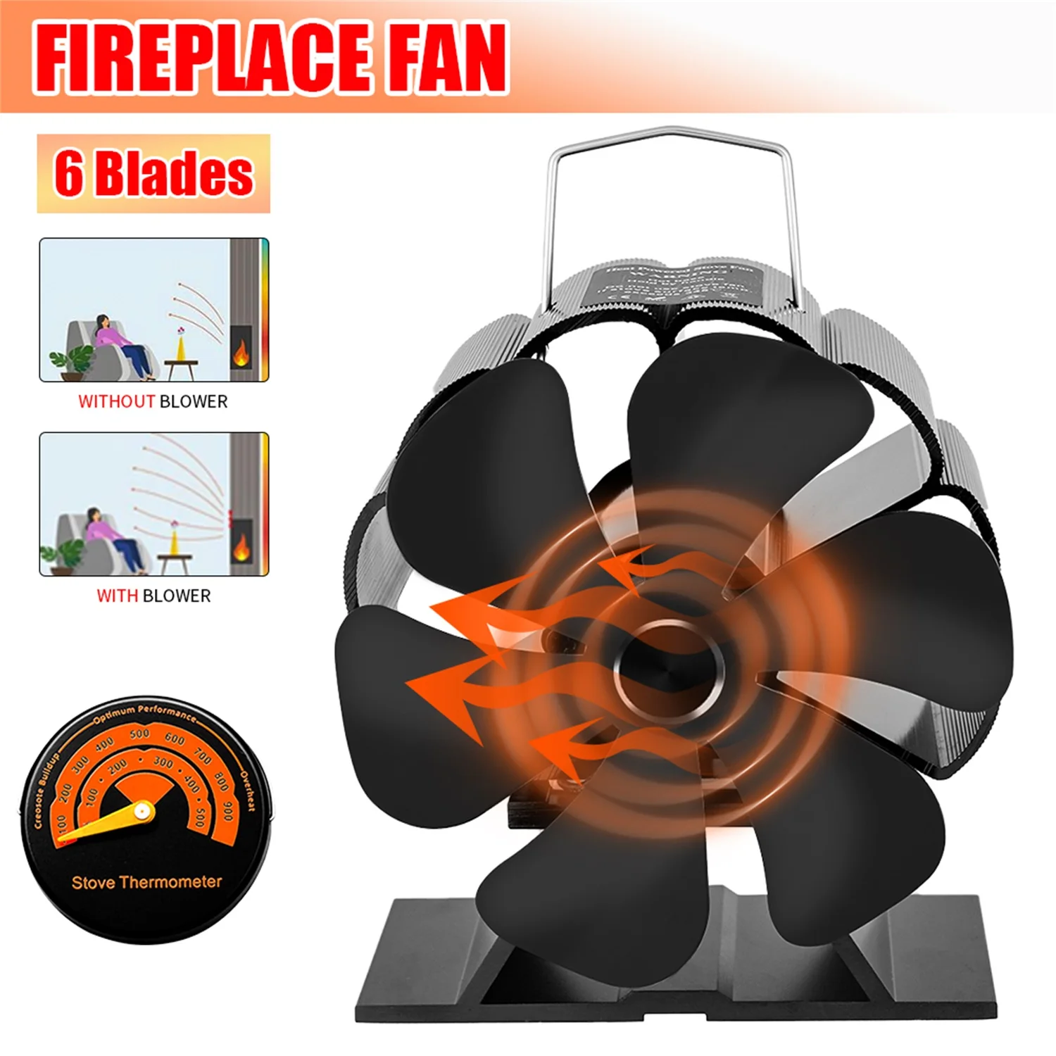 

Black 6 Blades Fireplace Fan Heat Powered Stove Fan komin Log Wood Burner Eco Friendly Quiet Fan Home Efficient Distribution