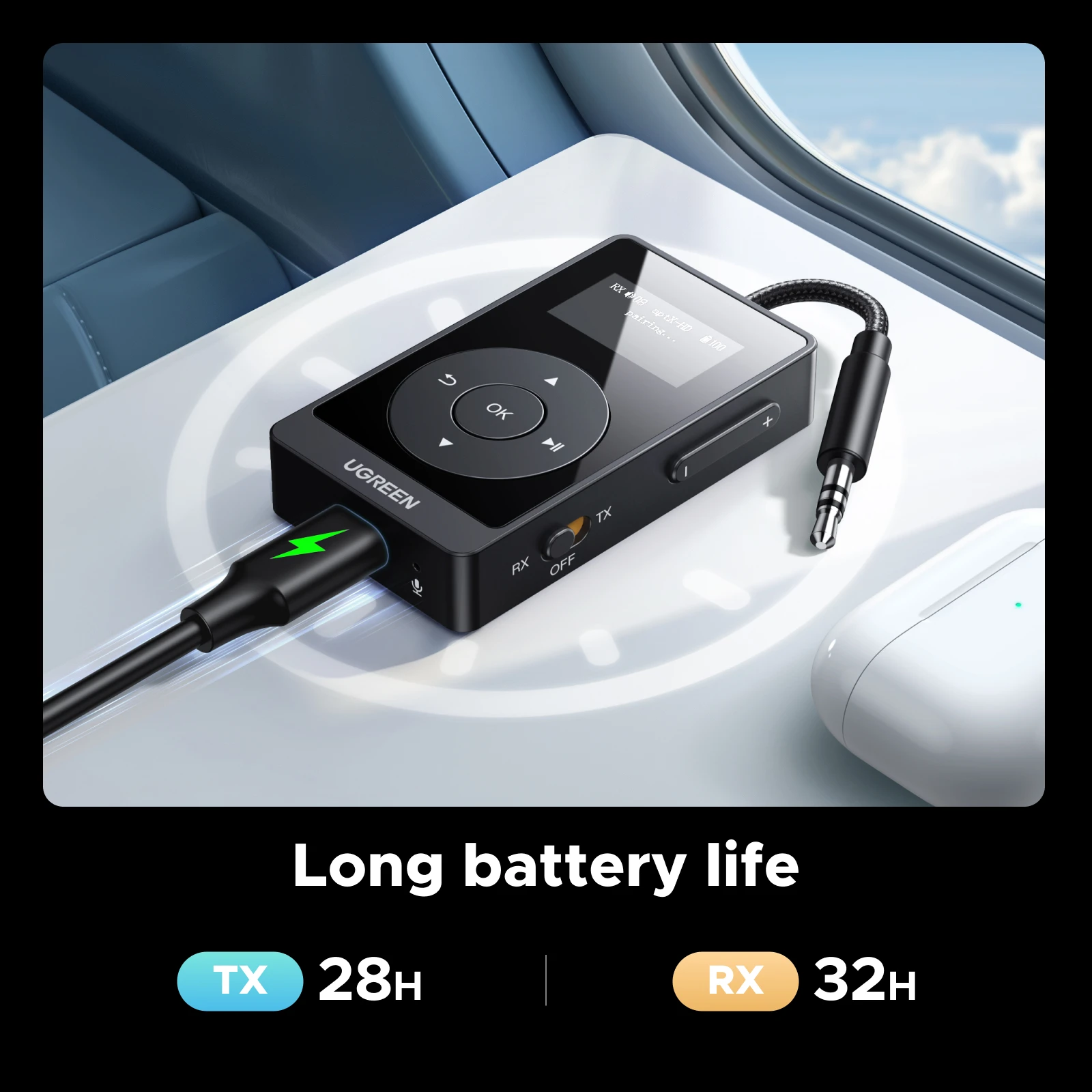 UGREEN aptX HD Airplane Bluetooth 5.3 Receiver Transmitter for All Headphones Wireless Audio Aux Bluetooth Adapter for TV Flying