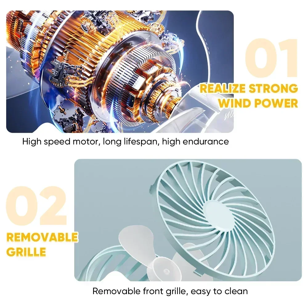 USB Rechargeable Portable Clip-On Desk Fan with Night Light