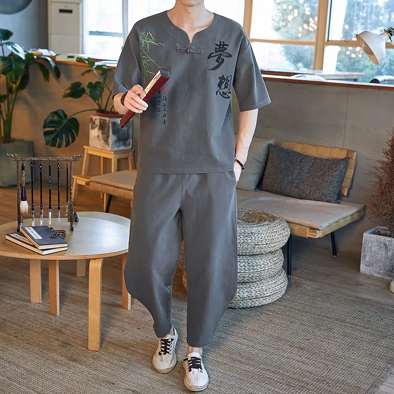

Мужской тонкий комплект из двух предметов в китайском стиле, Повседневная футболка с коротким рукавом и вышивкой в стиле ретро и свободные дышащие брюки