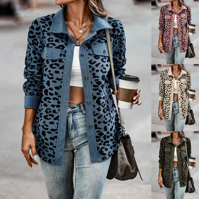 

2023 Autumn Leopard Jacket Women Corduroy Jacket Coat Women Button Up Long Sleeve Overshirt Winter Loose Shirt Jackets for Women